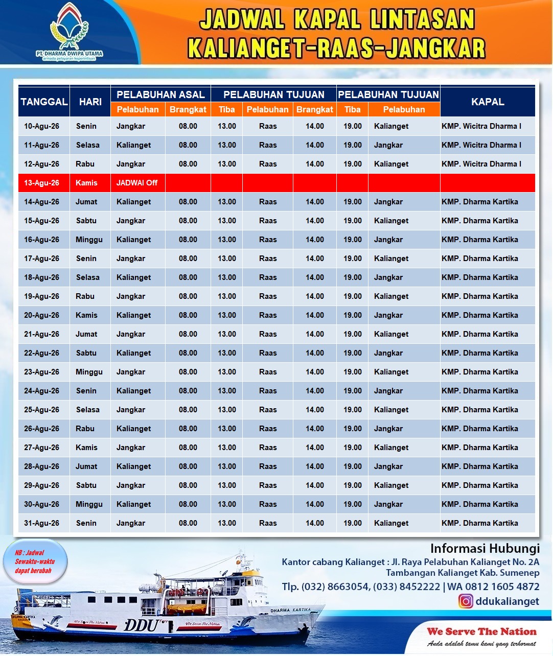 Jadwal Kapal Lintasan Kalianget-Raas-Jangkar bulan Agustus 2026